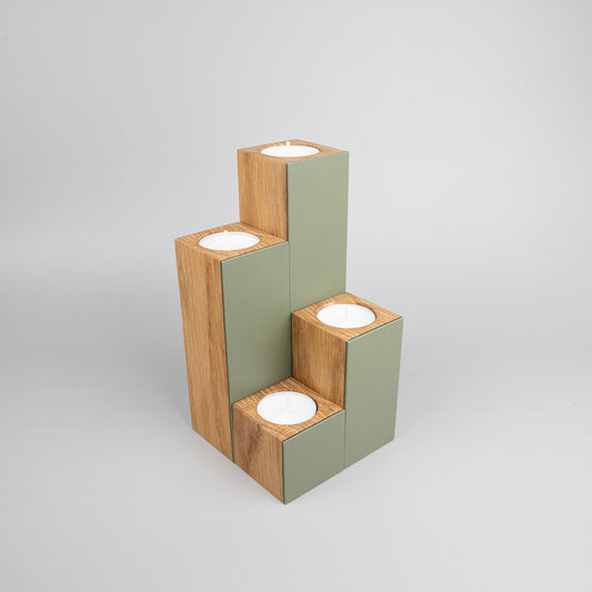 Teelichthalter 4er Set aus Eiche mit Linoeum in olive